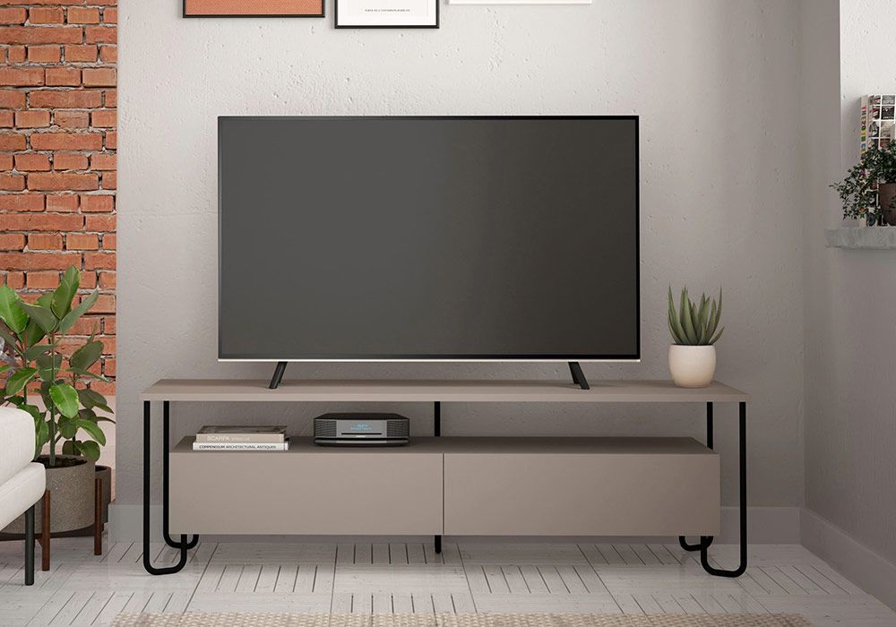 Meuble TV - 2 portes, 2 tiroirs - MDF et métal - Coloris : Noir et